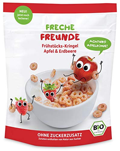 FRECHE FREUNDE Bio Frühstücks-Kringel Apfel & Erdbeere, ohne Zuckerzusatz, Cerealien ohne Zusatzstoffe für Kinder & Babys ab 1 Jahr, 6er Pack (6 x 125 g) Cover