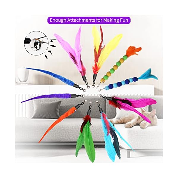 Atosun cat toys, 2pcs retractable cat feather toys, 10pcs replacement teaser refill, 1pc rainbow ribbon wand interactive kitten toys for indoor cat make exercise - image 6