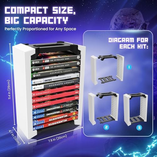 Image of Tobo Universal Video Game Storage Tower for PS5, PS4, PS3, Nintndo Switch, Xbox One, Xbox Series S /X - White Video Game Holder Organizer Stand with 12 CD Case Storage for Displaying TD-0520