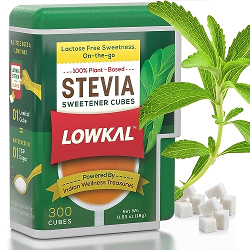 LOWKAL Stevia Sweetener Tablets with Zero Calorie (300 Cubes) - Plant-Based Pure Stevia Sugar Substitute for Diabetics with Zero Sugar - Natural Sweetener Tablets for Desserts Coffee & Tea