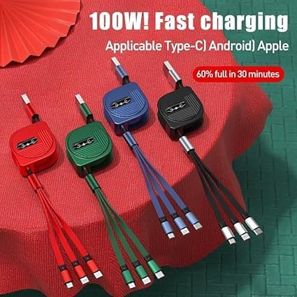 Image of Original 100W USB C Multi Charging Cable 3in1 Retractable Charge Cord Compatible with Phone /Type C /Micro for All Android and iOS Smartphone Multifunction 3 in 1 Cable (APR196)