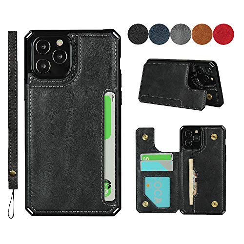 Funda de Cartera para iPhone 12/12 Pro Premium PU Funda de Cuero Teléfono Back Cover con Tarjeta Ranuras Pulsera Correa de muñeca Negro Cover