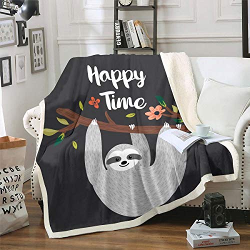 Loussiesd Cartoon Sloth, Cute Animal Pattern With Tree Branches and Floral Flowers, Sherpa Throw for Couch Travel, Sofa