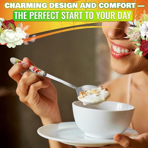 Image of Sugar Spoon Set of 6 - Elegant 8.3″ Floral Table Tablespoons Set with Non-Heating Ceramic Handle for Secure & Comfortable Grip - Food-Safe & Corrosion-Resistant Stainless Steel Soup Spoons Silverware