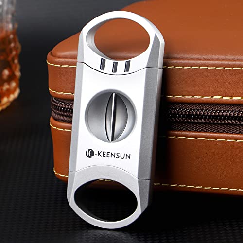 Keensun Zinc Alloy V-Cut Cigar Cutter (Silver), 60 Ring Gauge, 420J2 Stainless Steel V-Cut Blade & Cigar Holder (2 In 1) In Gift Box #TOP3