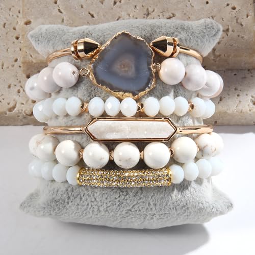 Yomisa 5PCS 6PCS Natural Boho Beaded Bracelets/Bangle for Women Men,Healing Turquoise Jasper Agate Crystal Gemstone Stone Chakra Multilayer Wrap Bohemian Handmade Jewelry Beads Stretch Bracelet Set4