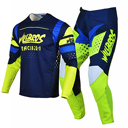 Willbros Pantalones de Camiseta de Motocross Traje Hombres Bicicleta Sucia Gear Set MX Fuera del Camino Montando Adulta Ropa de Carrera Azul Amarilla (Jersey S Pants 30)