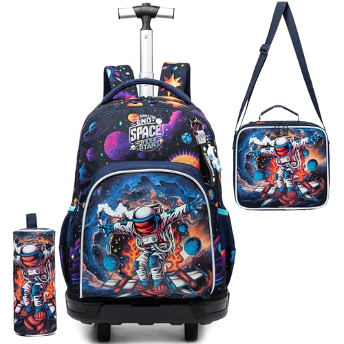 ZBAOGTW Mochila com rodinhas para crianças de 8 a 12 anos, mochila com rodinhas para meninos escolares, Astronauta preto, 16.9 x 12.5 x 8.6 inches