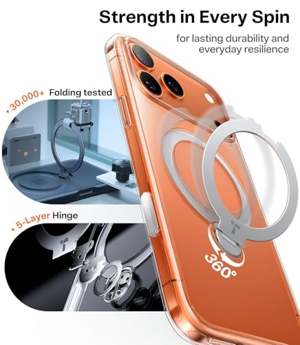 Image of TORRAS Ostand Q3 Spin Designed for iPhone 17 Pro Case, 360 Rotatable Ring Stand & 18N Strong Magnetic Lock, Military-Grade Shockproof Cover for Hands-Free Viewing, Clear
