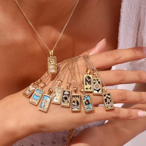 Gold Tarot Card Necklace for Women Men Non Tarnish 18K Gold Plated Vintage Lucky Charm Square Pendant Talisman Amulet Necklaces Unisex Jewelry3