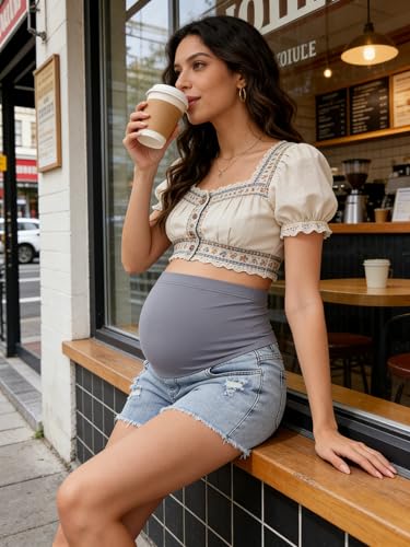 Image of PACBREEZE Women's Maternity Jean Shorts Over Belly Stretch Denim Shorts Trendy Summer Pregnancy Clothes