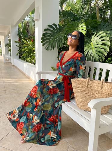Image of SUZONANA Plus Size Dresses for Women Floral Print Maxi Dress Flowy 3 /4 Sleeve with Belt