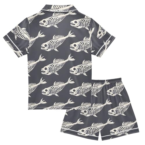 ALAZA Gray Fish Bone Satin Pajamas Set Short Sleeve Button Down Sleepwear Summer Pjs 2 Piece2
