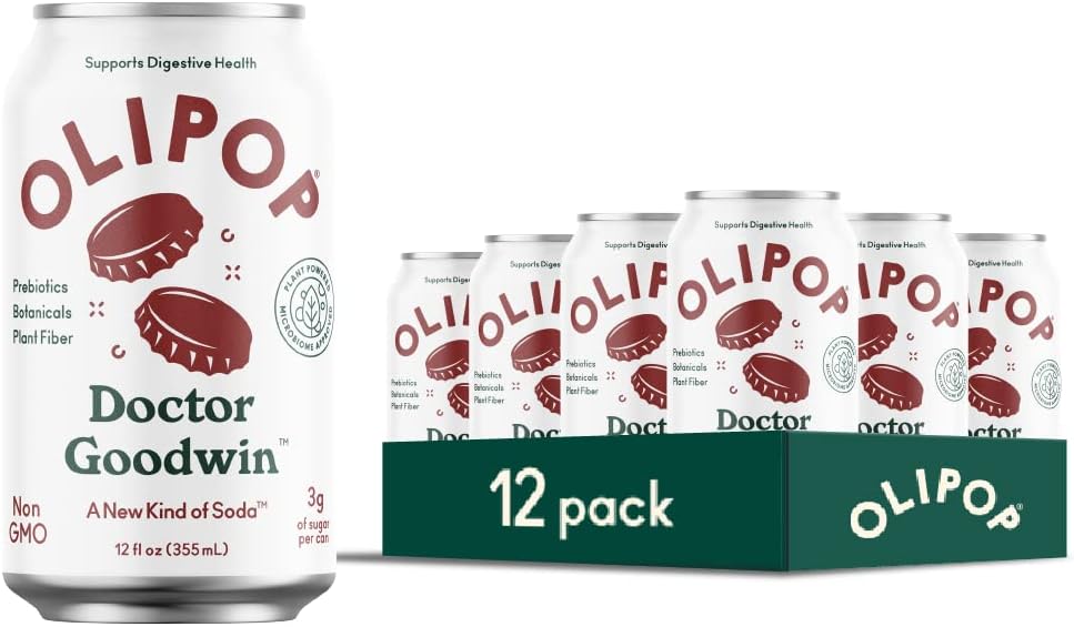 OLIPOP Prebiotic Soda Pop, Doctor Goodwin, A New Kind of Soda Packed with Prebiotics, Fiber, and Botanicals, Gluten Free, GMO Free, 12oz (12-Cans)