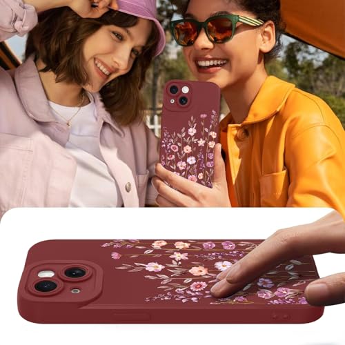 Image of Designed for iPhone 15 Case Flower for Women Girls, Wine Red | Cute Floral Pattern Liquid Silicone Phone Case [Full Camera Protection] Slim Soft TPU Protective Cover