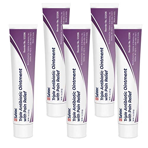 Safetec Triple Antibiotic Ointment with Pain Relief 1oz Tubes for Minor Cuts, Scrapes and Burns (Pack of 5 Tubes)