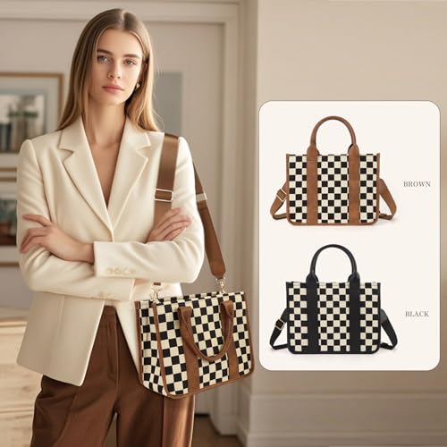 Checkered Crossbody Bag for Women,Canvas Work Tote Handbags Checkered Purse Black and White Purse with Top-handle 20252