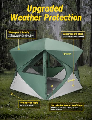 Image of Raynesys Ultra Instant Cabin Tent, Water-Resistant Windproof Hub Tents, Setup in 60 Seconds, 4 Person Pop up Tents for Camping, Large Camping Tent with Removable Floor, Green