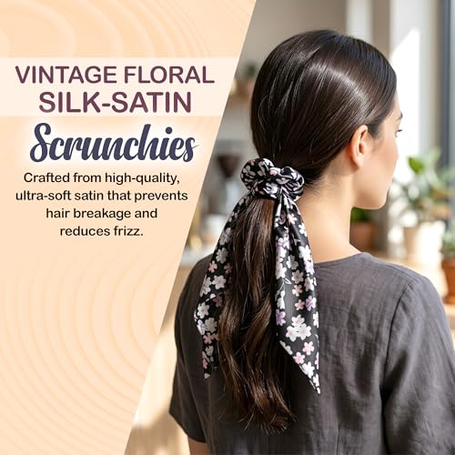 Image of GLUN Satin Bow Scrunchies Set of 3 (1 Pcs Each Design), Silk Hair Scrunchies with Long Ribbon Bows for Women & Girls, Soft Elastic Ponytail Holders, Floral Hair Ties for Daily Wear, Parties & Gifts