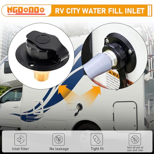 Image of 2Pcs RV City Water Inlet with Check Valve,RV Water Inlet with 3 /4 inch NH Female to 1 /2 inch NPT Male Flange Brass with Dust Plug for RV Camper Motorhome Trailer Marine(Black)