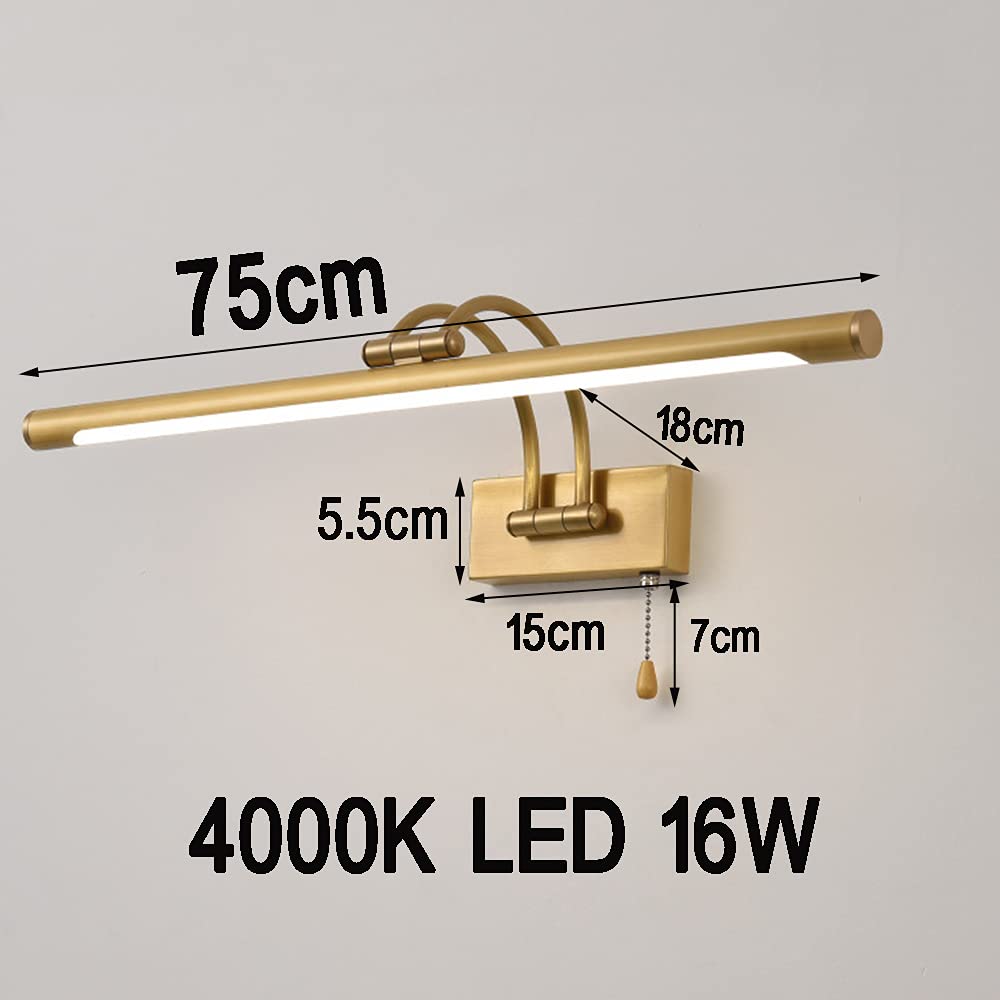 Vintage mosiężna lampa z lustrem LED do łazienki, obracana przednia lampa z przełącznikiem łańcuchowym, 4000 K, lampa ścienna do łazienki, toaletka