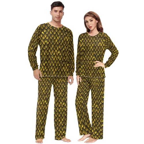Unisex Pajama Set Long Sleeve Sleepwear Soft 2 Piece Loungewear Golden Dragon Scale Pj Sets for Women & Men