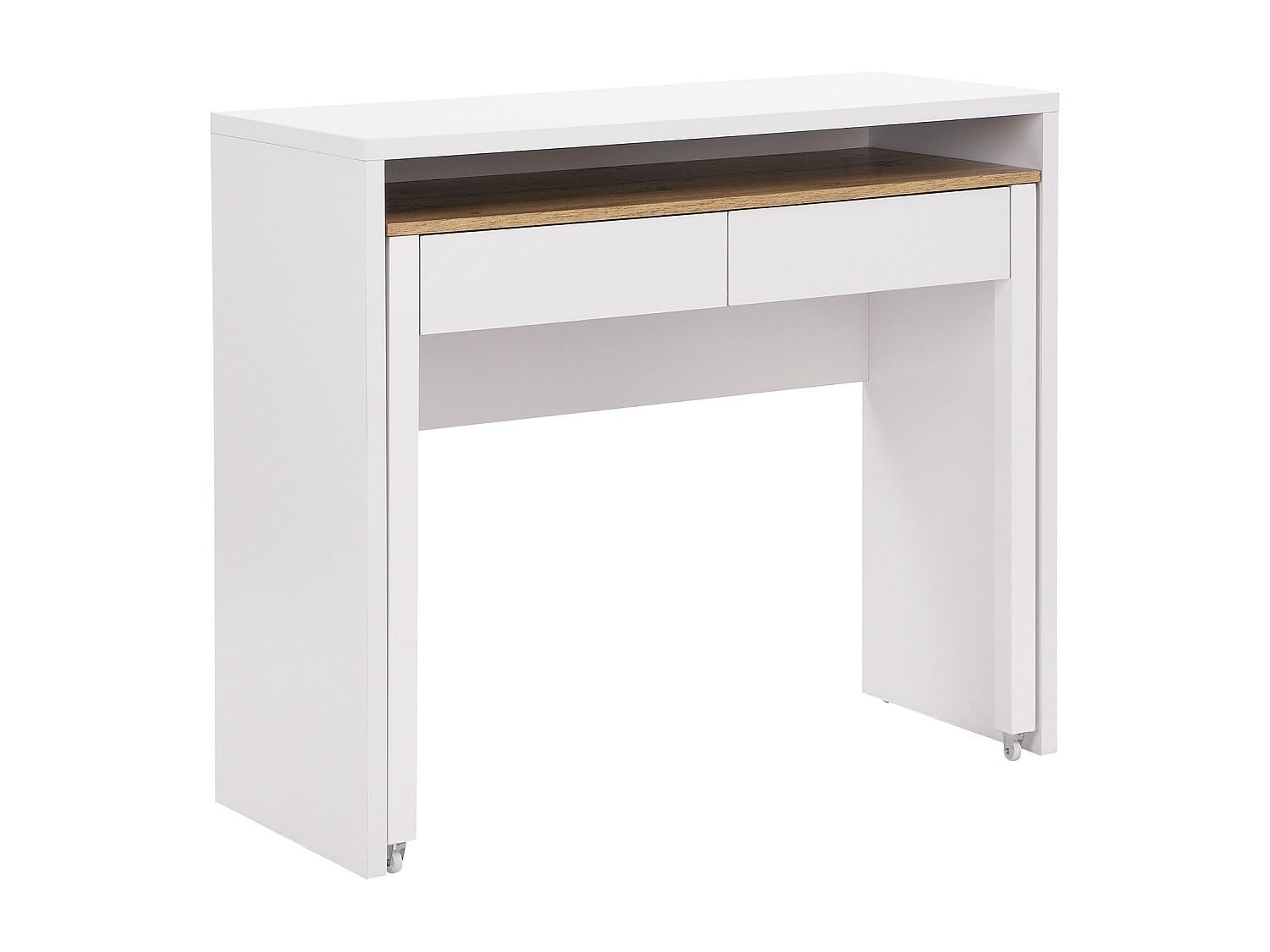 Vente-​unique - Bureau Console Extensible LOAVIA avec 2 tiroirs – Finition Blanc & Bois Naturel, Meuble Gain de Place avec rangements intégrés, idéal pour Salon, entrée ou Espace de Travail