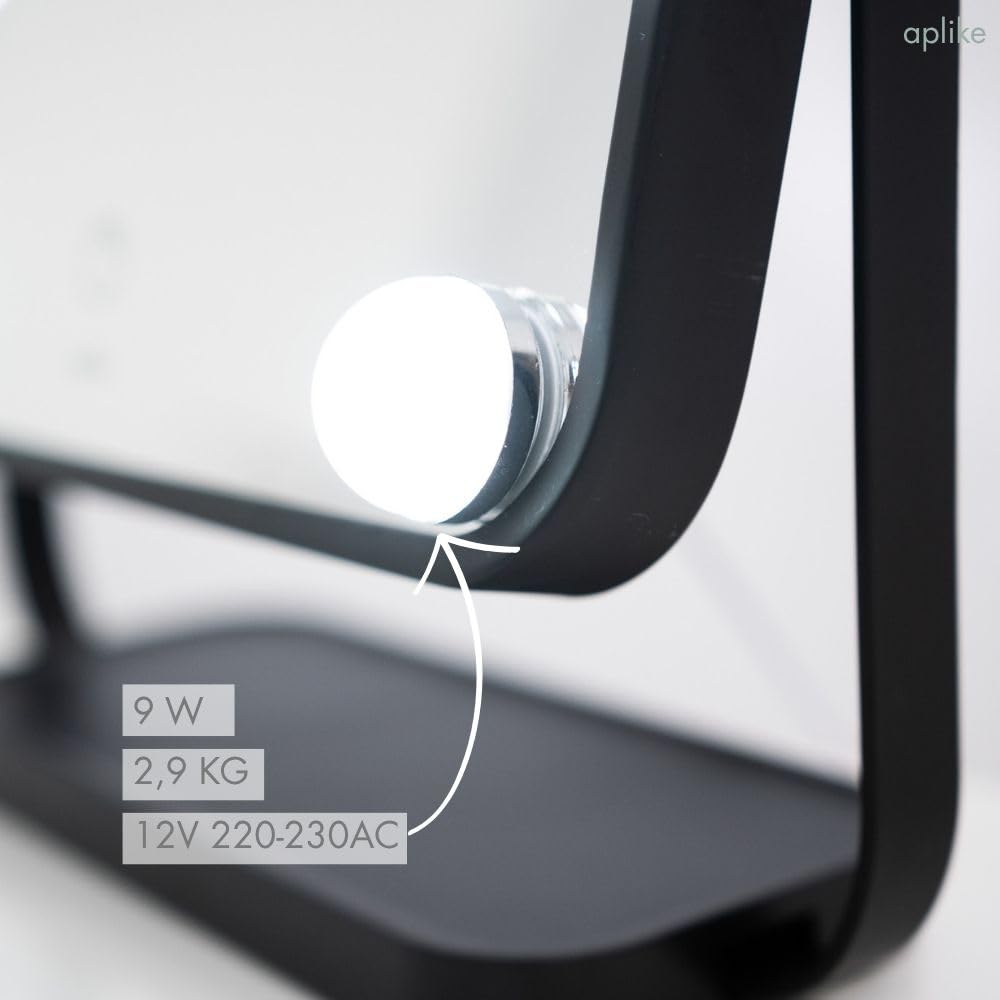 Aplike - Espejo Maquillaje con Luz, 12 Bombillas LED Hollywood, 3 Temperaturas Color (3000K-6500K), Control Táctil, Rotación 360°, Espejo Tocador Grande, Regalo Mujer (Negro)