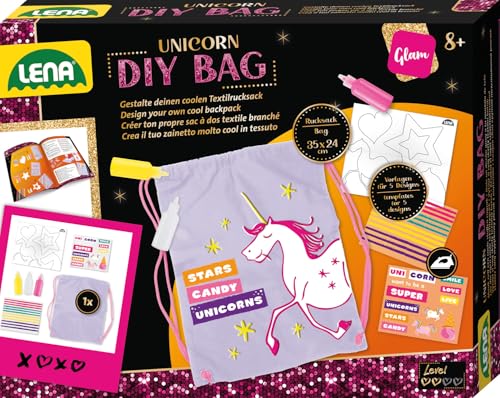 Lena 42607 Bastelset DIY Rucksack Einhorn, Komplettset mit Leinenrucksack ca. 35 x 42 cm, 3 Textilstifte, 3 Schablonen und Bügelfolien, Mode Styling für Kinder ab 8 Jahre, Fashion Set mit Anleitung