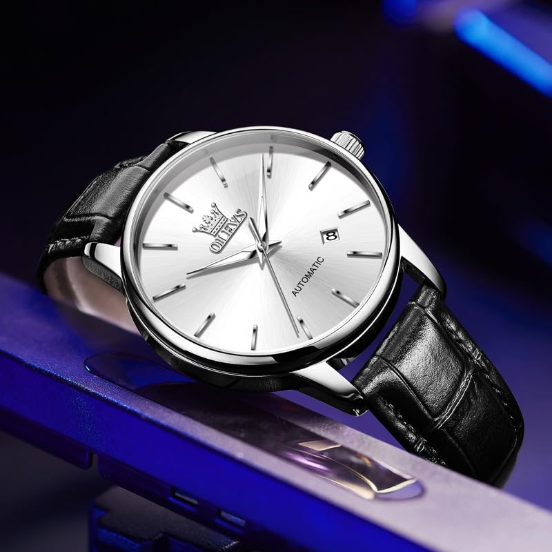OLEVS Men's Automatic Watches Black Leather Band Silver Big Dial Waterproof - image 3