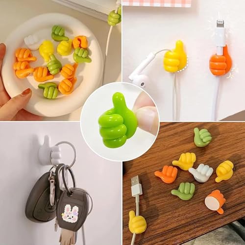 Image of 10 Pack Silicone Thumb Wall Hooks Multicolor Self Adhesive Nail-Free Utility Hooks Multipurpose Cable Organizer Clips Key Hanger Desk Wire Management Decorative Thumb Shape Holder