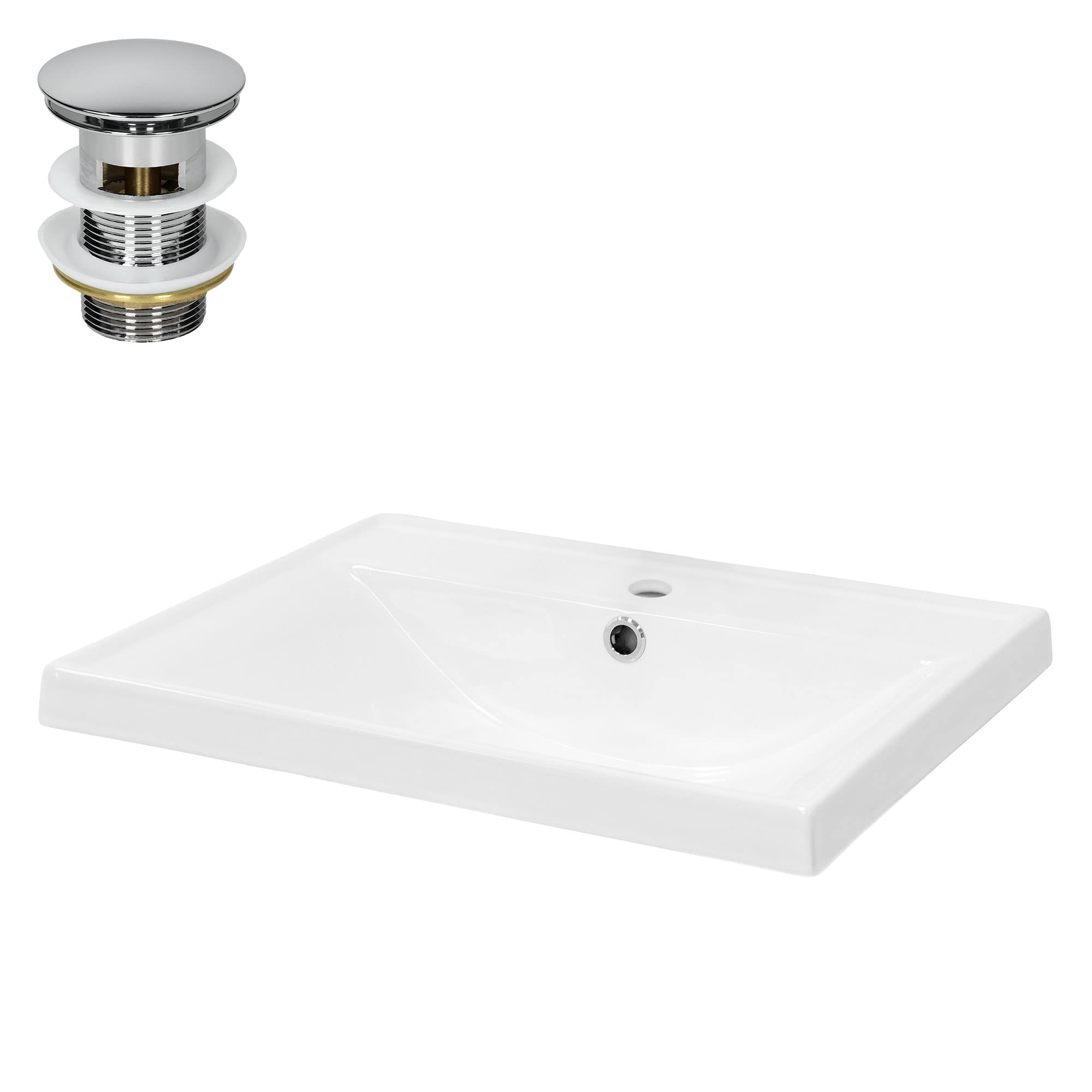 ML-Design Lavabo de Cerámica Blanco 51x15,5x41,5 cm Fregadero Rectangular Encastrable Pila Diseño Moderno Lavamanos para Baño con Rebosadero, Agujero para Grifo y Juego de Desagüe Plateado
