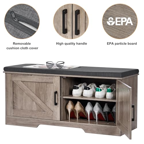 Image of HOMSHO Farmhouse Shoe Storage Bench with 2 Barn Doors & Padded Seat Cushion | 39.4 inch Wide Entryway Bench with Adjustable Shelves & Hidden Storage, Greige
