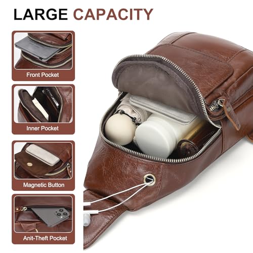Full-Grain Leather Crossbody Bags for Men Women, Vintage Genuine Leather Sling Bag, Trendy Casual Chest Bag, Light Brown4