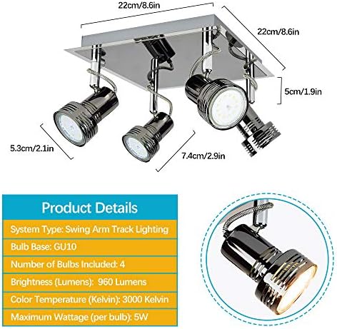 DINGLILIGHTING 4 Way Rotatable LED Ceiling Light, Chrome Finish Ceiling Spotlights,4 x 3 W GU10 Bulbs Warm White 3000K, Square Plate Kitchen Lights for Bedroom, Living Room, Bulbs Included