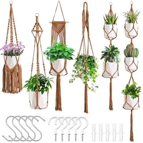 Image of SFENNGPET Macrame Plant Hangers, 6Pack Hanging Planters for Indoor Plants w/ 6 Set Hangers Kit Handmade Macromay Plant Hangers Indoor Flower Pots Holder Stand for Boho Home Décor (POTS NOT Included)