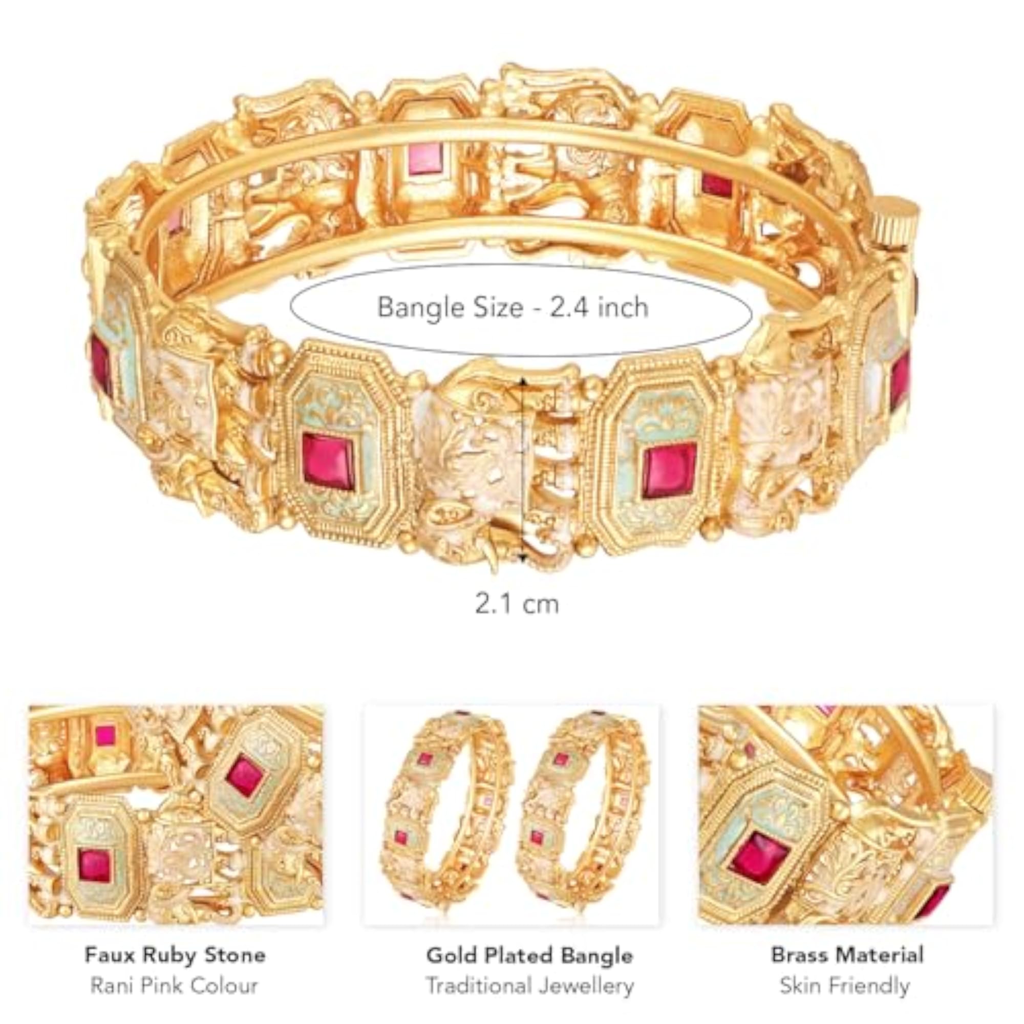 Gold Plated Faux Ruby Studded Thick Kada Bangle for Women