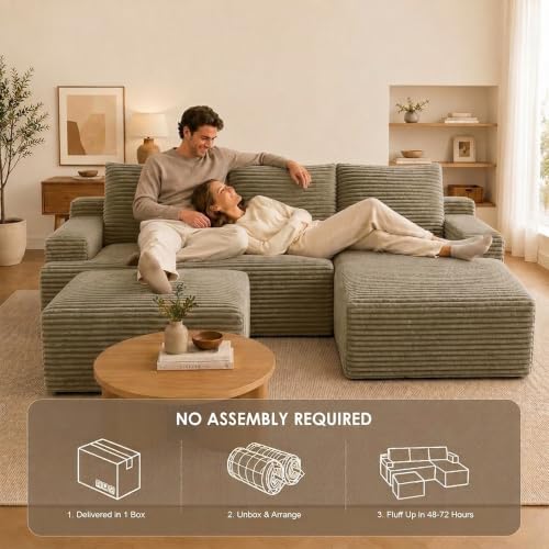 Image of Boneless Couch, Modular Sectional Couches for Living Room, U-Shaped Cloud Couch Sofa with Deep Seat, Fluffy Corduroy Upholstered Corner Sofa