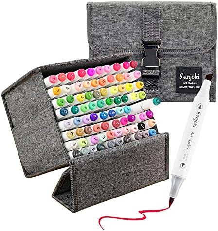 SANJOKI Alcohol Brush Markers 80 colors,Brush & Chisel Dual Tip Permanent Artist Sketch Marker Pens,with Carrying Case and Sketchbook