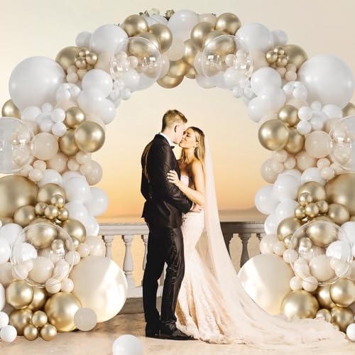White and Gold Balloon Garland Arch Kit 132Pcs Metallic gold Ivory white Cream White Clear Balloons Different Sizes for Wedding Engagements Birthday Bridal Shower Baby Shower Anniversary Decorations — view 2