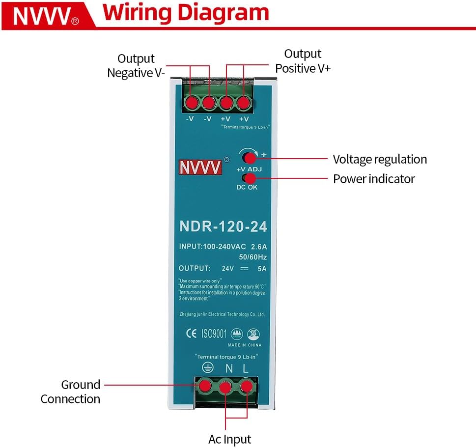 24Vdc 5Amp DIN-Rail Power Supply NDR 120W, Input:100-240VAC,Output:24VDC,Power Supply Switch Switching Converter DC