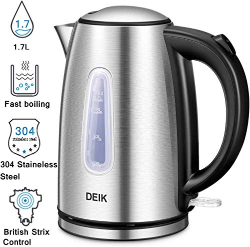 Bouilloire Électrique DEIK Bouilloire Électrique Inox Avec Thermostat Strix, 2200W Rapide pour le Thé, Auto Arrêt, Bouilloire Sans BPA, Filtre Anticalcaire, Niveau Eau Visible, Poignée Cool Touch