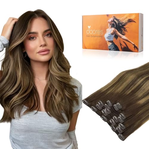 Image of DOORES 14 Inch Clip in Human Hair Extensions, Balayage Chocolate Brown to Caramel Blonde 100g 7pcs, Straight Real Hair Extensions Clip in Remy Natural Weft