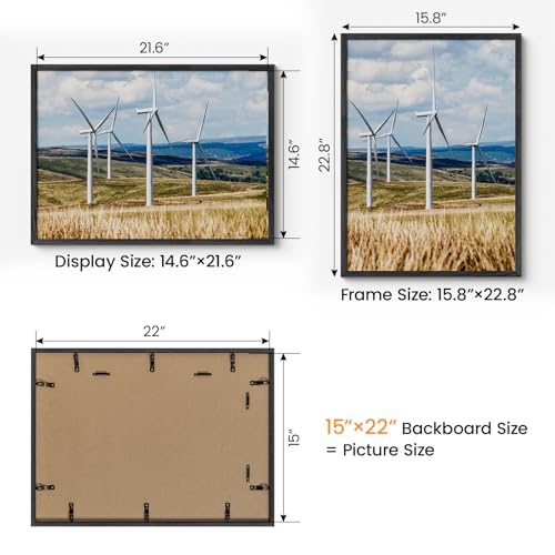 Image of 15x22 Picture Frame Oak Wood,15 inchx22 inchBlack Color Wooden Frames with Tempered Glass,22x15 inch Wall Gallery Poster Frame with No Mat,15 by 22 Frames Horizontal and Vertical for Wall Mounting