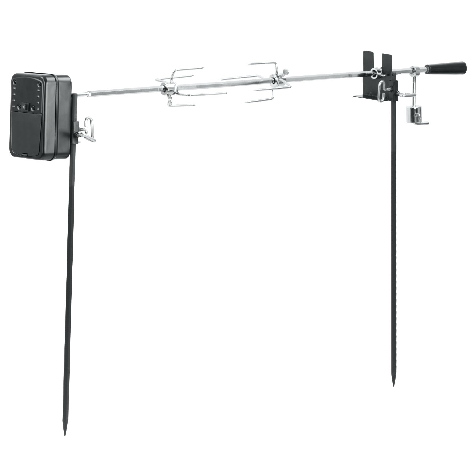 BBQ-TORO Set spiedini per Escursioni, Campeggio, falò e Altro, 90 cm, 2 Aghi per Carne, Motore (con Batteria)