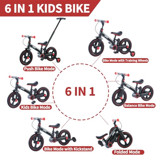 Jmmd S900-BLACK Toddler Bike With Push Handle For Kids 1-3 Years, 6 In 1 Push Bike With Training Wheels & Pedals, Balance Bike thumb #1
