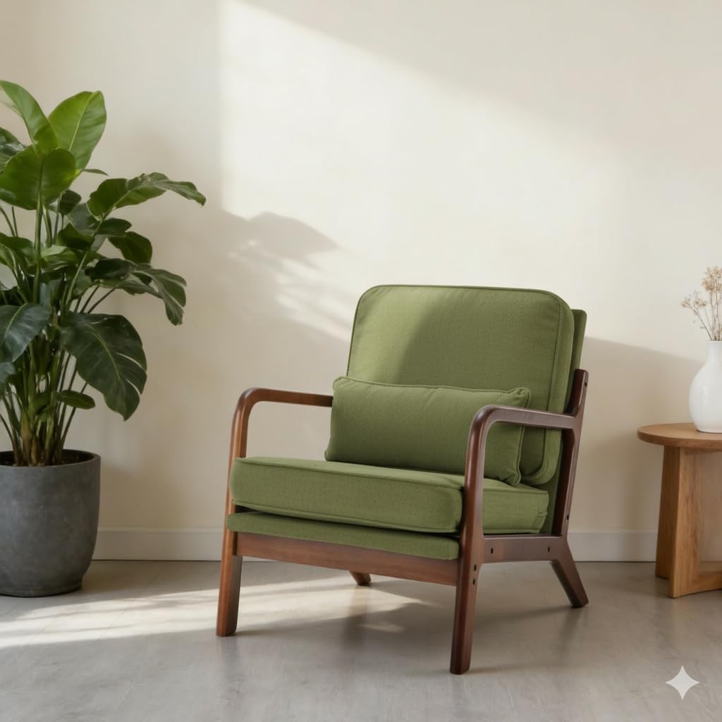 Simple Deluxe Mid-Century Modern Wood Accent Chair & Cozy Reading Chair, Upholstered Living Room Chair with Waist Cushion, Solid Wood Chair with Pillow for Bedroom, Green