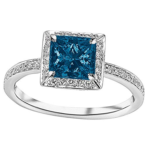 1.3 Carat t.w 14K White Gold Victorian Halo Style Square Shaped Pave Set Round Diamond Engagement Ring w/a 1 Carat Princess Cut Blue Diamond Heirloom Quality