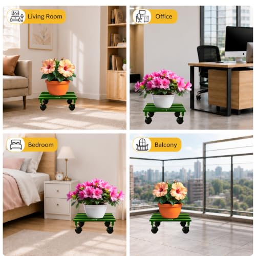 Image of Square Rolling Plant Stand, Heavy Duty Metal Planter Holder with Wheels, Rust-Proof Indoor Outdoor Plant Stand for Balcony Garden Home, Mobile Pot Caddy (Green, Pack of 2)