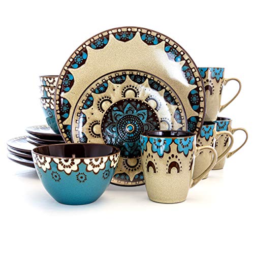 Elama Stoneware Dinnerware Collection, 16 Piece, Tan, Blue, Brown